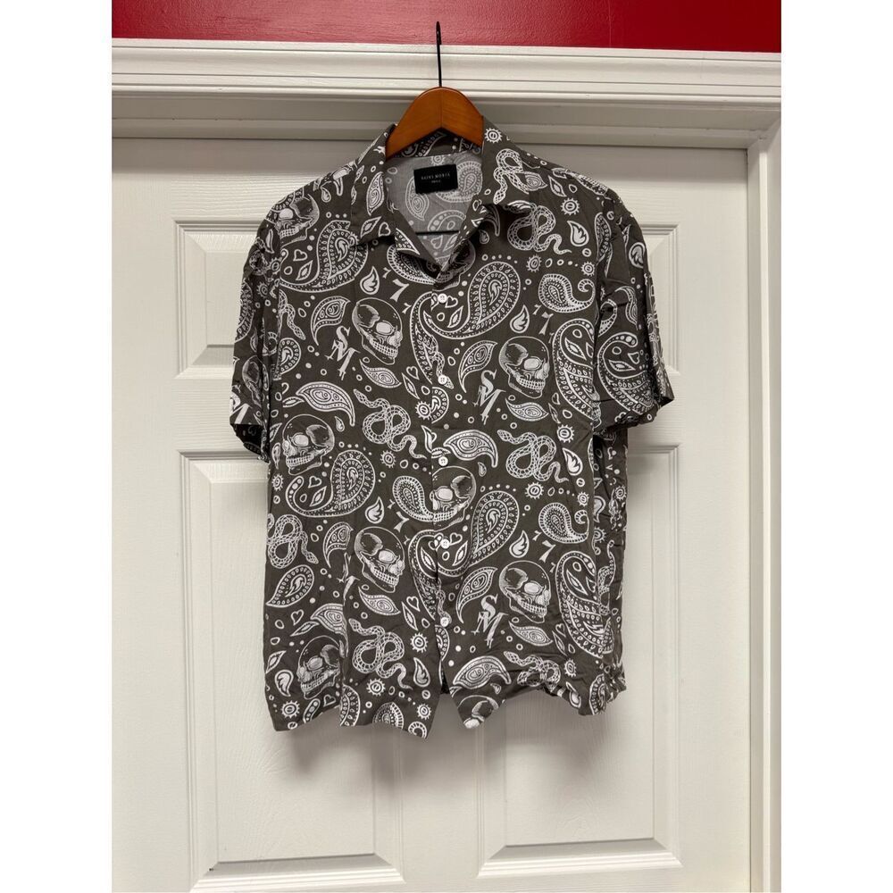 Saint Morta Brown Gray Skull Paisley Snake Rayon Button Up Short Sleeve Shirt sz